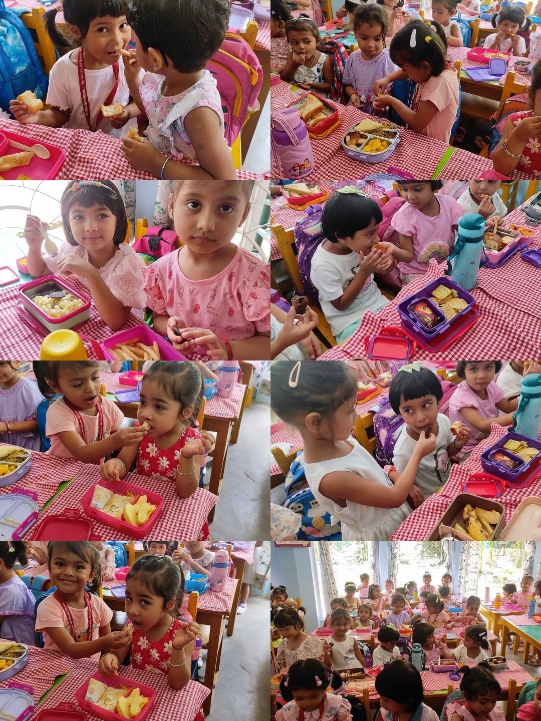 Collage of young children sharing snacks from their tiffin boxes at tables with red checked tablecloths in a bright classroom